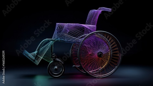 Innovative digital wheelchair concept with colorful wireframe design featuring purple, teal and red light threads against black background, modern mobility technology