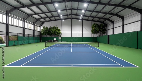 Wallpaper Mural Aerial view of two adjacent outdoor tennis courts with blue playing surfaces and green boundaries, enclosed by fencing and surrounded by trees, pathways, and nearby buildings. Torontodigital.ca