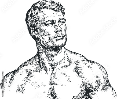 Line art portrait of a determined man looking off to the side with sculpted physique
