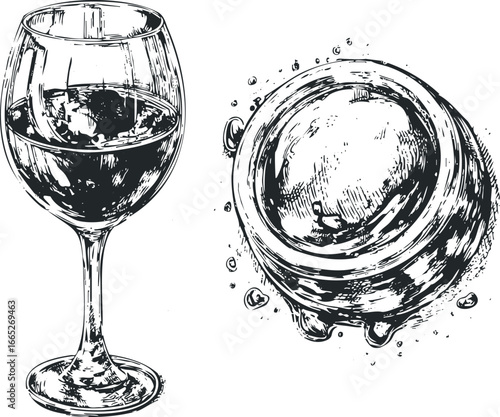 Hand drawn sketch of a wine glass filled with dark liquid and condensation drops