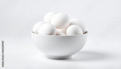 Minimalist composition featuring a white ceramic bowl filled with smooth white eggs, placed on a white surface with soft lighting and a monochromatic aesthetic.