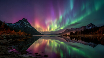 Leinwandbilder Aubergine Vibrant northern lights illuminate the mountains and lake under a starry sky in Norway's beautiful landscape  © Isa
