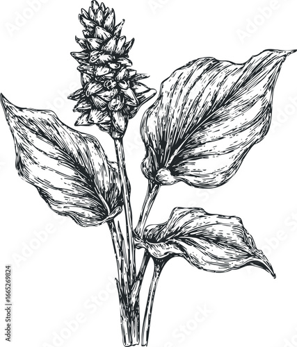 Detailed ink sketch of a flowering plant with large leaves
