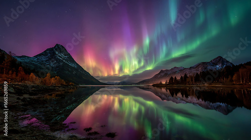 Vibrant northern lights illuminate the mountains and lake under a starry sky in Norway's beautiful landscape