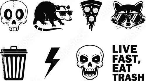 Cool punk rock skull raccoon pizza trash can lightning bolt live fast eat trash icons set