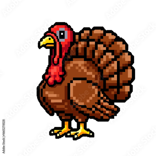 A pixelated cartoon turkey with brown feathers, a red wattle, and a yellow beak stands against a white background.