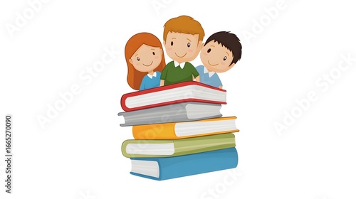 Happy Children Studying Books Stack Illustration