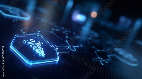 Innovative digital healthcare technology with glowing caduceus medical symbol on hexagonal interface against dark blue background with network connections and free copy space