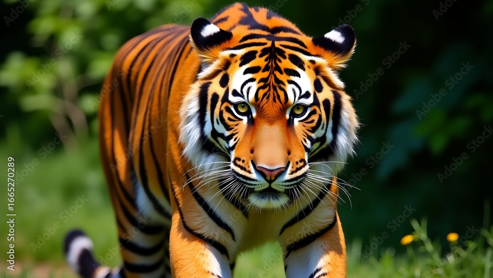 Obraz premium Close-up portrait of a powerful tiger, nose and eyes in sharp focus, background softly blurred to emphasize its regal presence.