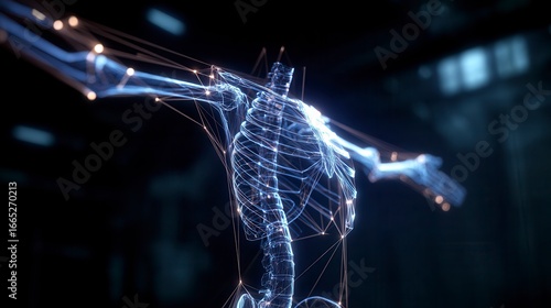 Innovative 3D digital wireframe model of human torso showing ribcage and skeletal structure against dark background, medical technology visualization for healthcare innovation