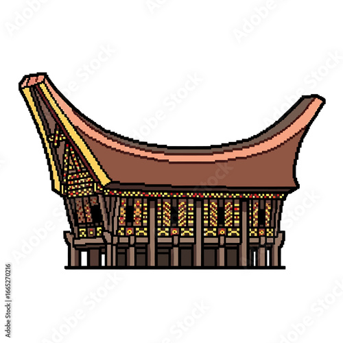 Traditional Indonesian Rumah Gadang, a large, curved-roof house on stilts, showcasing intricate wooden details.