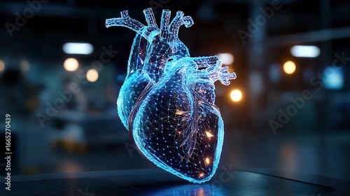 Innovative 3D digital heart hologram glowing with blue light and wireframe structure displayed in medical laboratory setting for cardiology research with dark background