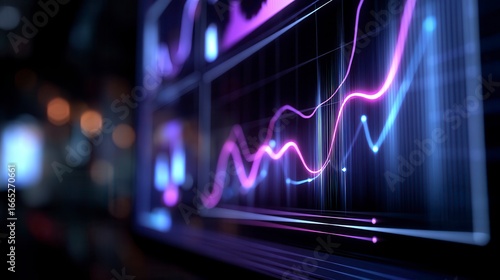 Dynamic digital financial graph with glowing purple and blue trend lines on dark background displaying market analytics data for investment technology