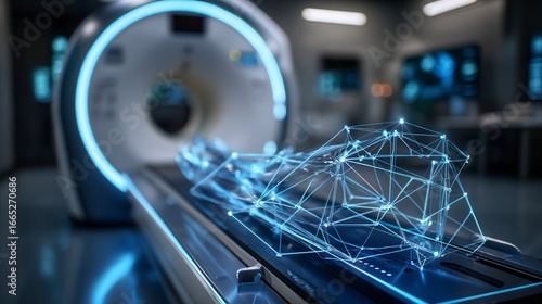 Innovative AI neural network visualization on MRI scanner bed with glowing blue digital brain model in modern hospital radiology department