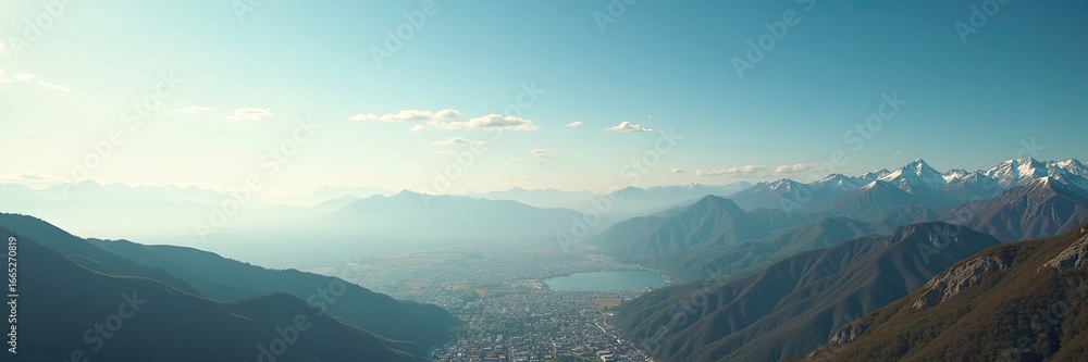 Fototapeta premium Panoramic vista of a valley nestled between mountain ranges.