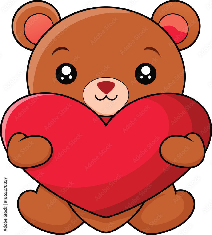 Fototapeta premium Cute cartoon brown bear embraces a big red heart against a white background
