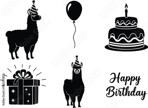 Happy birthday silhouette set featuring llamas balloons gift box and cake for celebration themes