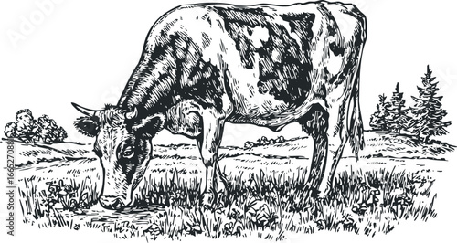 Detailed sketch of a black and white spotted cow grazing in a grassy field with trees