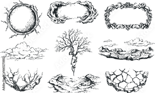 Collection of Hand Drawn Sketch Elements Featuring Nature and Ornate Frames