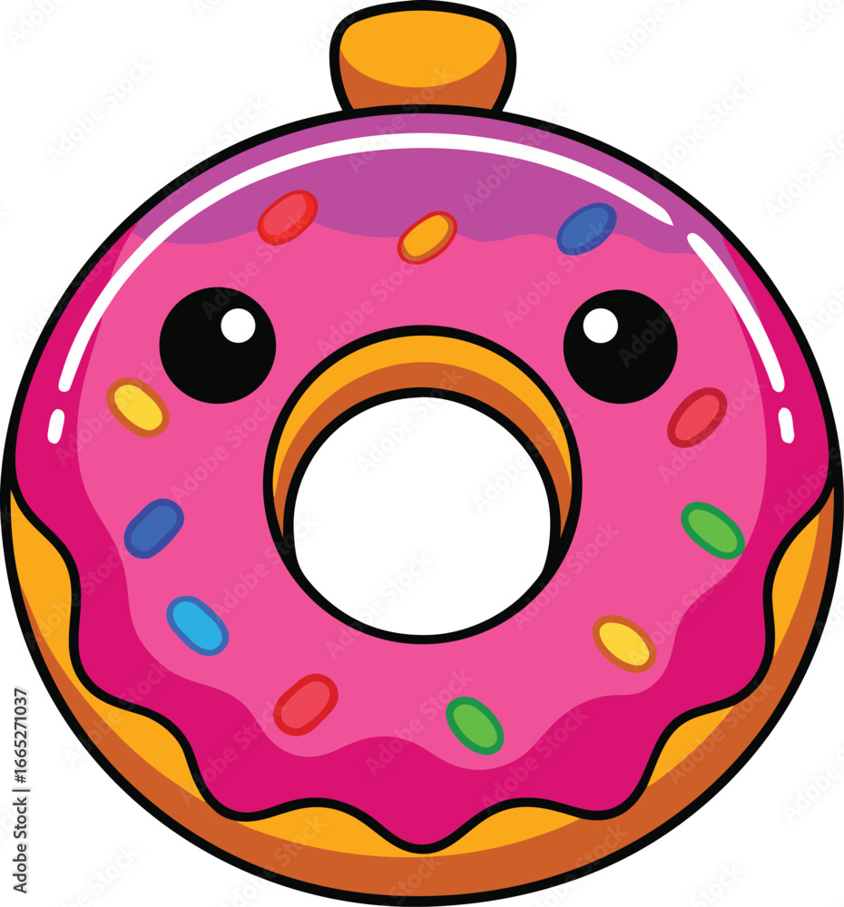 Fototapeta premium Playful donut character with pink icing and colorful sprinkles stares forward on white backdrop