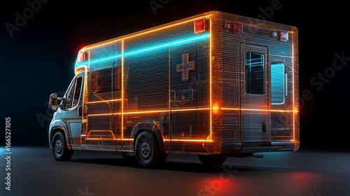 Futuristic digital ambulance with glowing orange and blue neon wireframe design against dark background showcasing emergency medical vehicle technology
