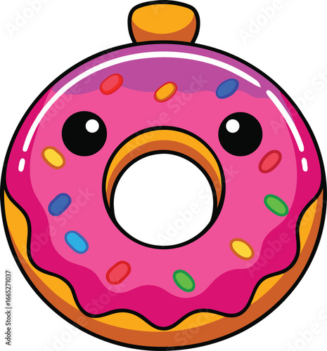 Playful donut character with pink icing and colorful sprinkles stares forward on white backdrop