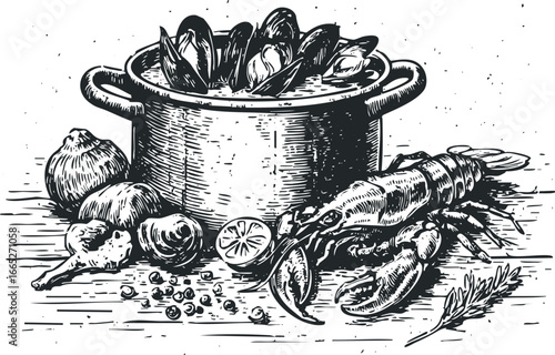 Seafood medley with lobster, mussels, and aromatics on a wooden surface