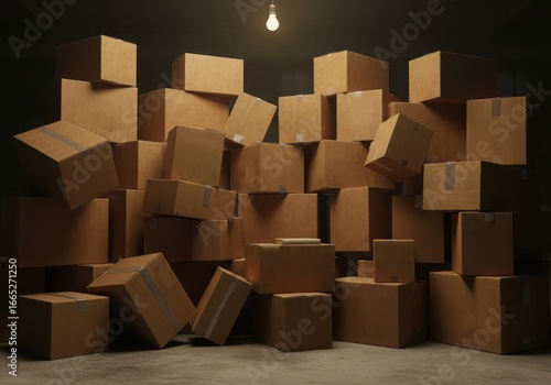 Large pile of stacked cardboard boxes in a dimly lit storage room