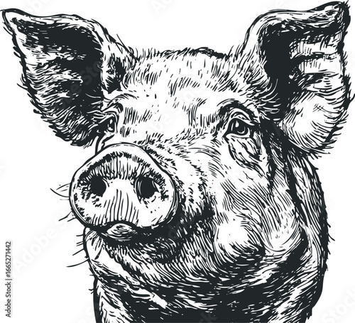 Detailed ink sketch portrait of a pig's face with large floppy ears