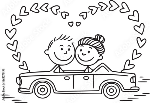 Endearing Journey: A heartwarming illustration of a loving couple driving in a car, framed by a heart-shaped garland, symbolizing a journey filled with love, happiness, and a shared future.
