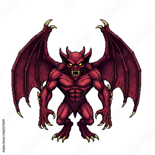 A pixelated, stylized depiction of a fierce, winged demon.