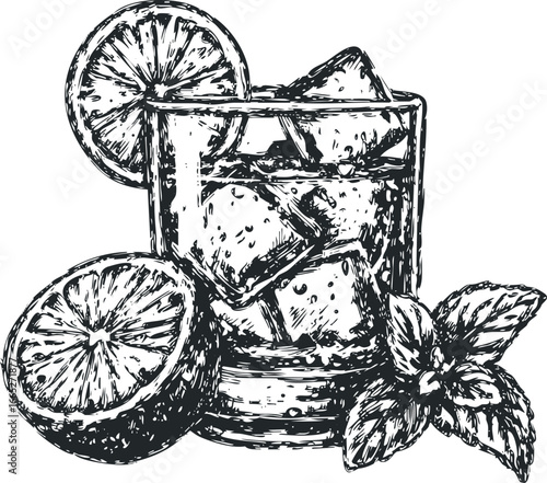 Sketch of Refreshing Drink with Citrus Slices and Mint Leaves