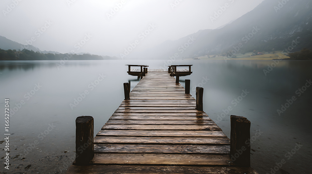 Obraz premium Serene wooden pier extending into tranquil waters on a misty day near mountains