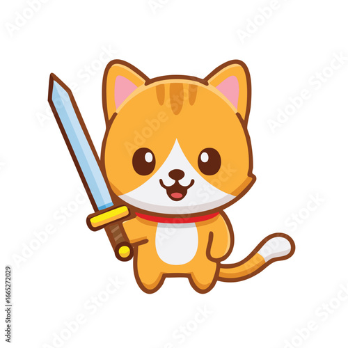 A Cute cartoon cat with a sword, ready for adventure! It's a delightful illustration of a charming feline ready to take on any quest
