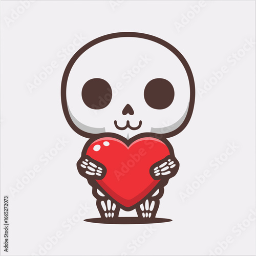 A cute skeleton holding a red heart, radiating love and affection. The cartoon illustration offers a unique and endearing blend of themes