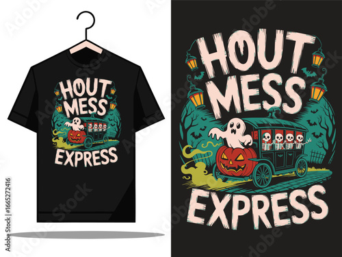 Spooky halloween t shirt design featuring a ghost pumpkin and the phrase hoot mess express