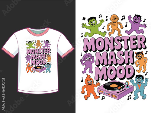 Fun halloween monster mash mood design with dancing monsters and vintage record player on white background