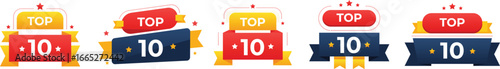 Top 10 ranking badge collection with colorful abstract ribbons and labels featuring modern style typography bright backgrounds and creative decorative design for promotion and award