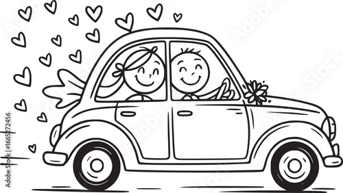 Newlyweds' Journey: A charming line drawing depicts a happy couple in a classic car, adorned with floating hearts, embarking on their joyful post-wedding adventure.