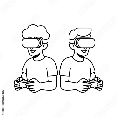 Two friends playing video games together wearing virtual reality headsets