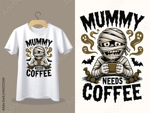 Funny mummy character holding coffee cup with bats and ghosts on t shirt design