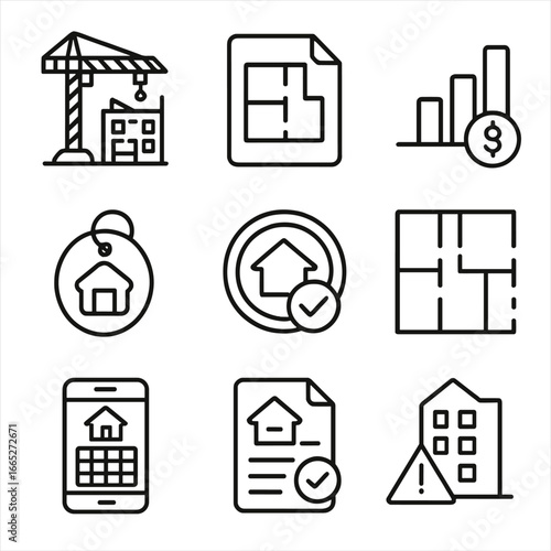 Real Estate Icons. Line style icons of Real Estate Development: Construction site icon, development plan file, budget forecast