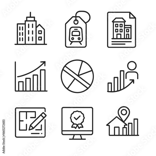 Urban Real Estate Icons. Line style icons of Urban Real Estate Investment: City skyline icon, transit access tag, mixed-use