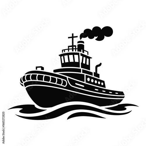 Black silhouette of a tugboat sailing on wavy water