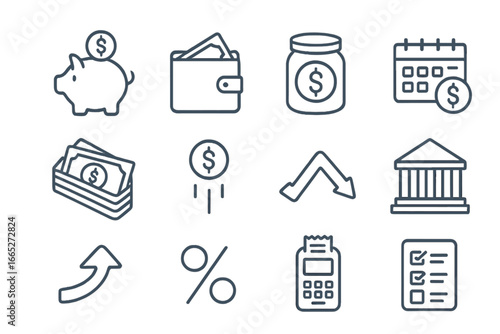 Personal Finance Icons. Line style icons of personal finance basics: piggy bank, wallet with cash, savings jar, money stack,