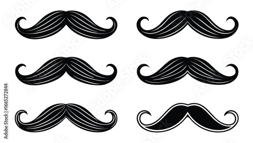 Black curled mustaches on white background facial hair