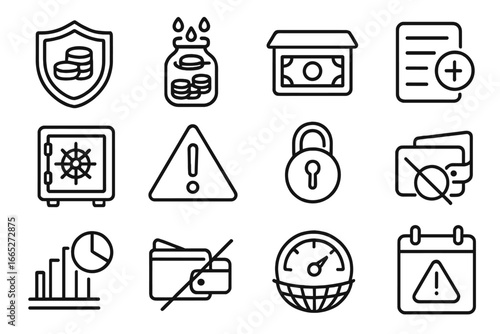 Emergency Fund Icons. Line style icons of emergency funds: shield with coins, rainy day jar, cash reserve box, emergency list,