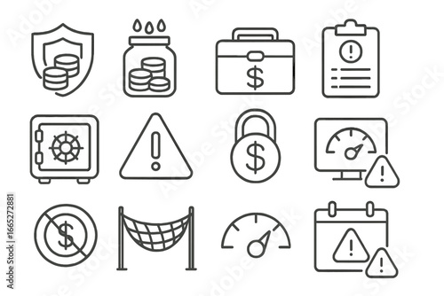 Emergency Fund Icons. Line style icons of emergency funds: shield with coins, rainy day jar, cash reserve box, emergency list,