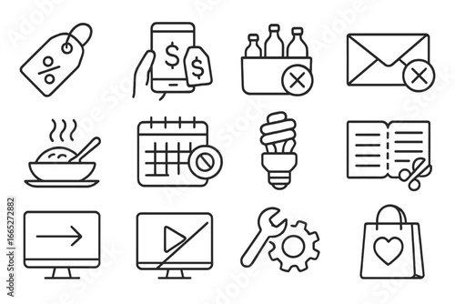Cost Cutting Icons. Line style icons of cost cutting tips: discount tag, price comparison icon, bulk purchase, unsubscribe icon,
