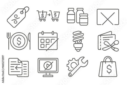Cost Cutting Icons. Line style icons of cost cutting tips: discount tag, price comparison icon, bulk purchase, unsubscribe icon,